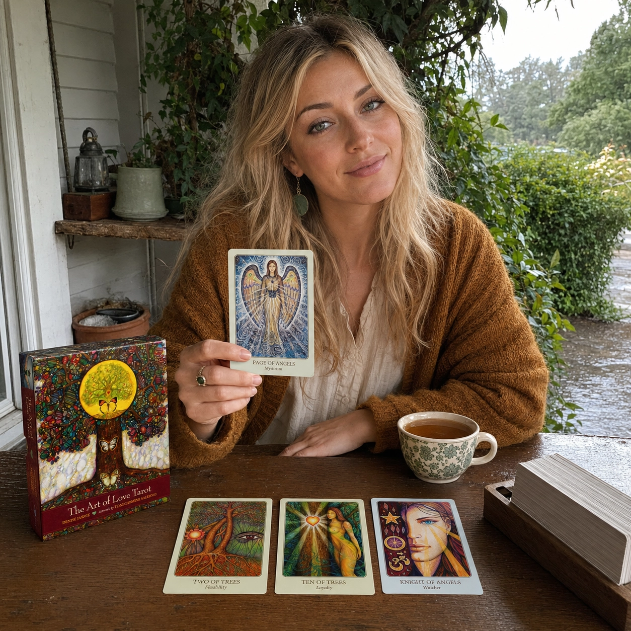 Aurica holding the Page of Angels beside the Art of Love Tarot box, a three-card spread, and stacked deck