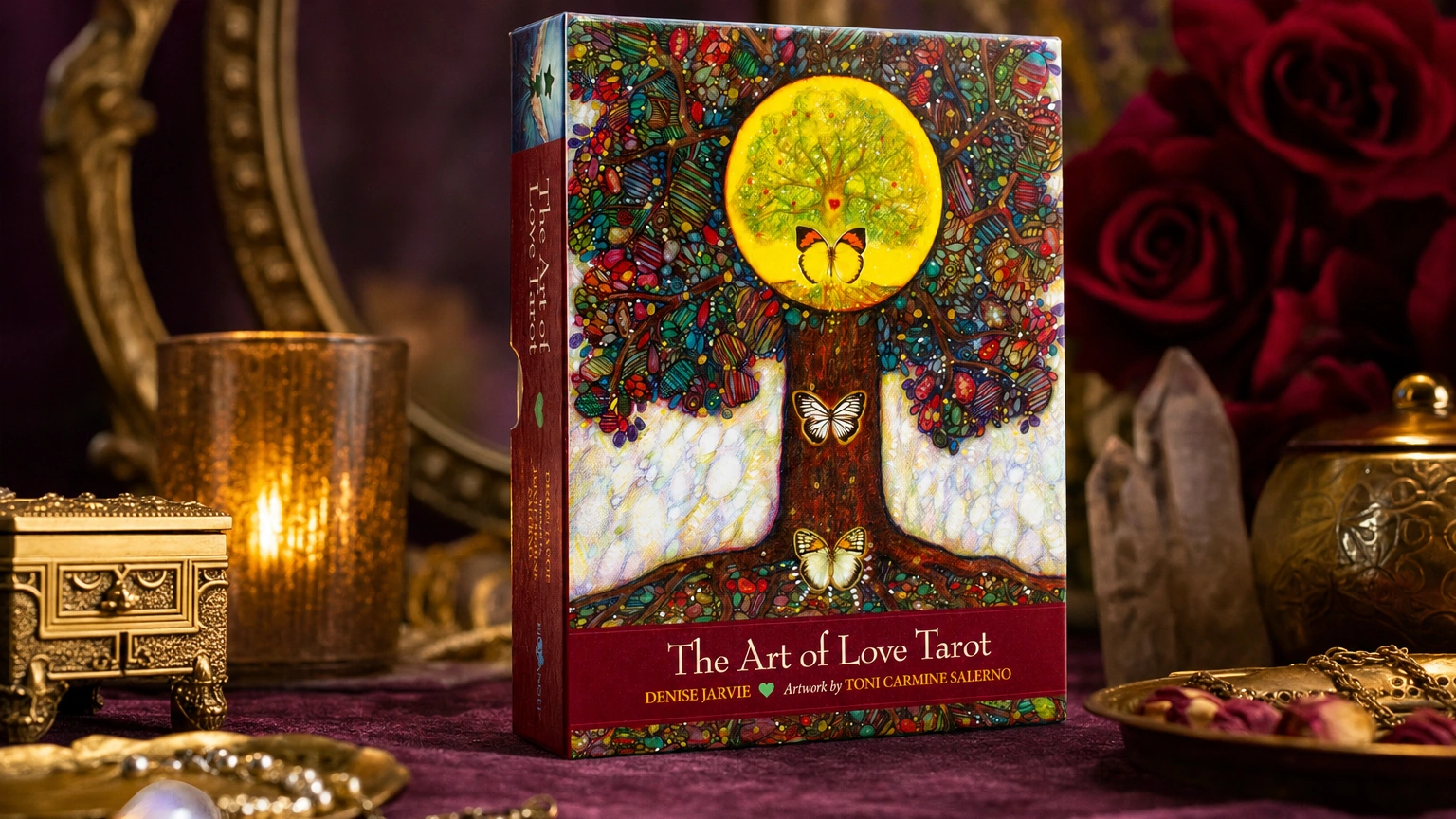 The Art of Love Tarot product box in a GPT Image 2 plum and gold lifestyle scene