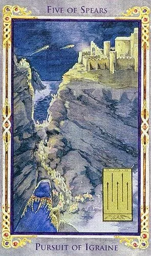 Five of Spears card from the Arthurian Tarot deck