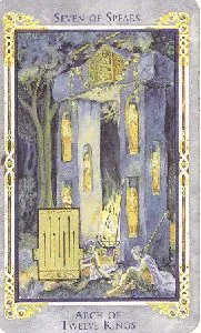 Seven of Spears card from the Arthurian Tarot deck