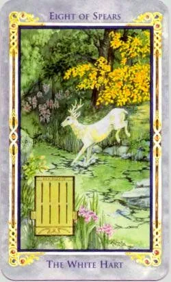Eight of Spears card from the Arthurian Tarot deck