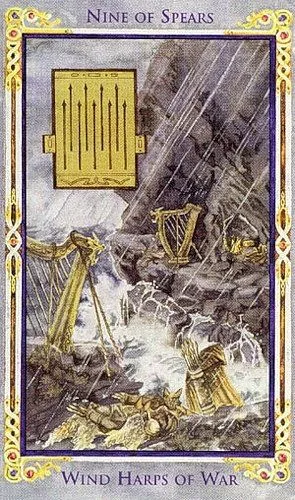 Nine of Spears card from the Arthurian Tarot deck