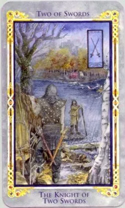 Two of Swords card from the Arthurian Tarot deck