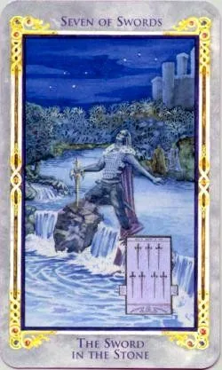 Seven of Swords card from the Arthurian Tarot deck
