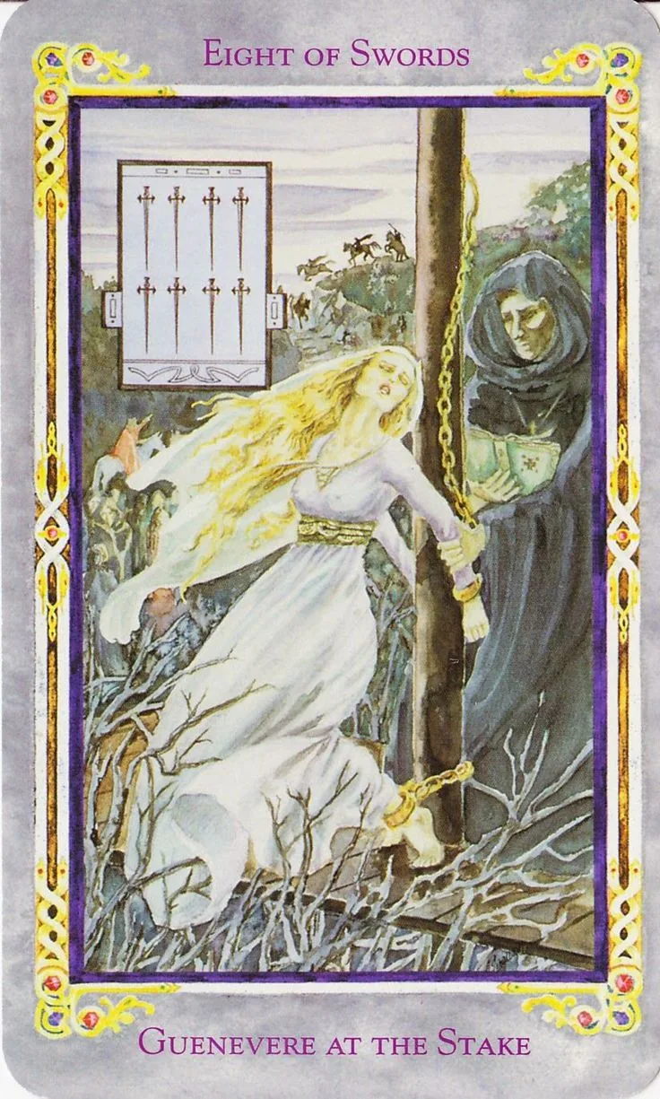 Eight of Swords card from the Arthurian Tarot deck