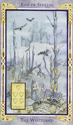 Five of Shields card from the Arthurian Tarot deck