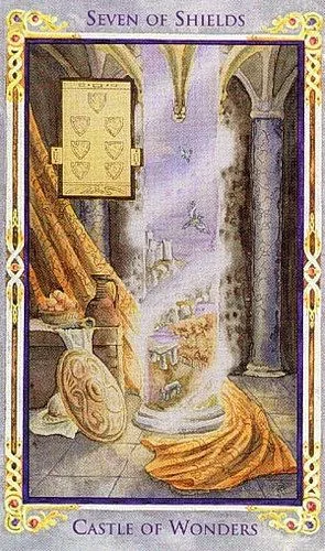 Seven of Shields card from the Arthurian Tarot deck