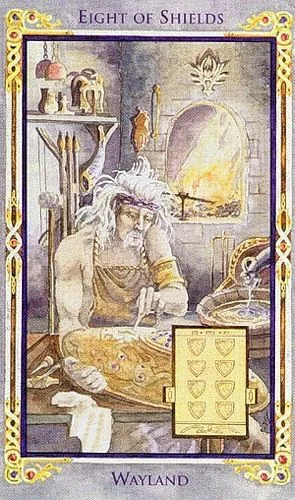 Eight of Shields card from the Arthurian Tarot deck