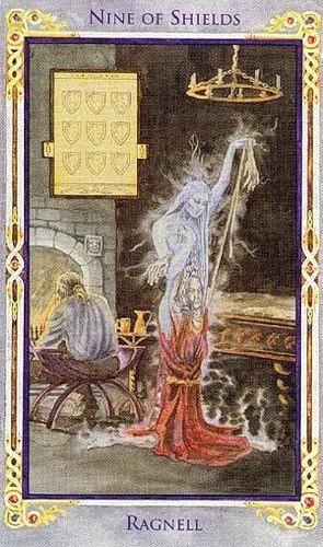 Nine of Shields card from the Arthurian Tarot deck