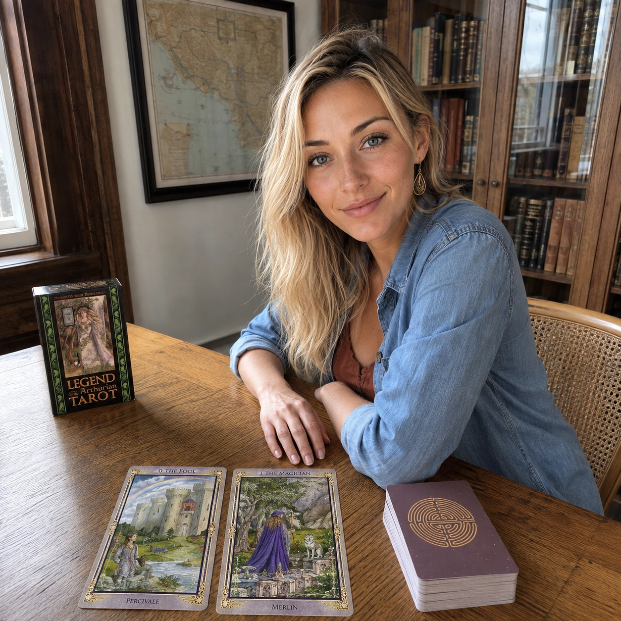 Aurica reading the Arthurian Tarot beside its box, a two-card spread, and the stacked deck