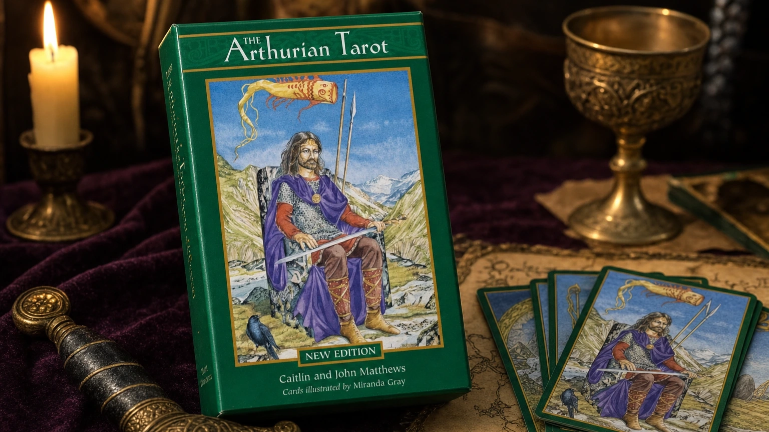Arthurian Tarot Deck by Caitlin and John Matthews Arthurian Tarot Deck by Caitlin and John Matthews in a generated Camelot reading scene