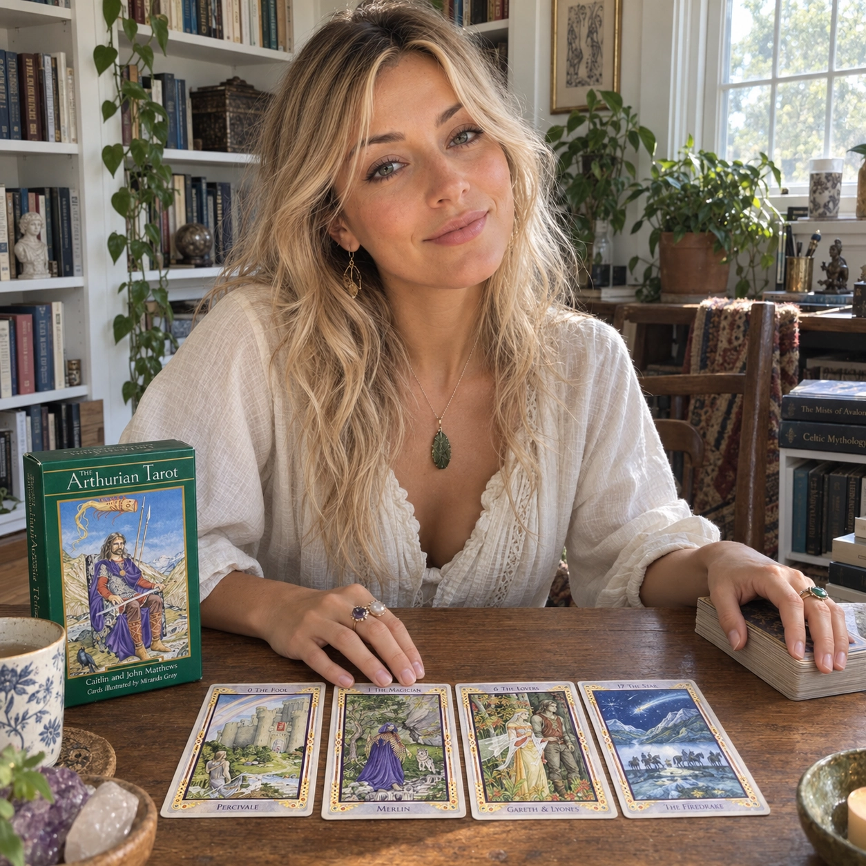 Aurica reading with the Arthurian Tarot by Caitlin and John Matthews beside its box, four-card spread, and separate stacked deck