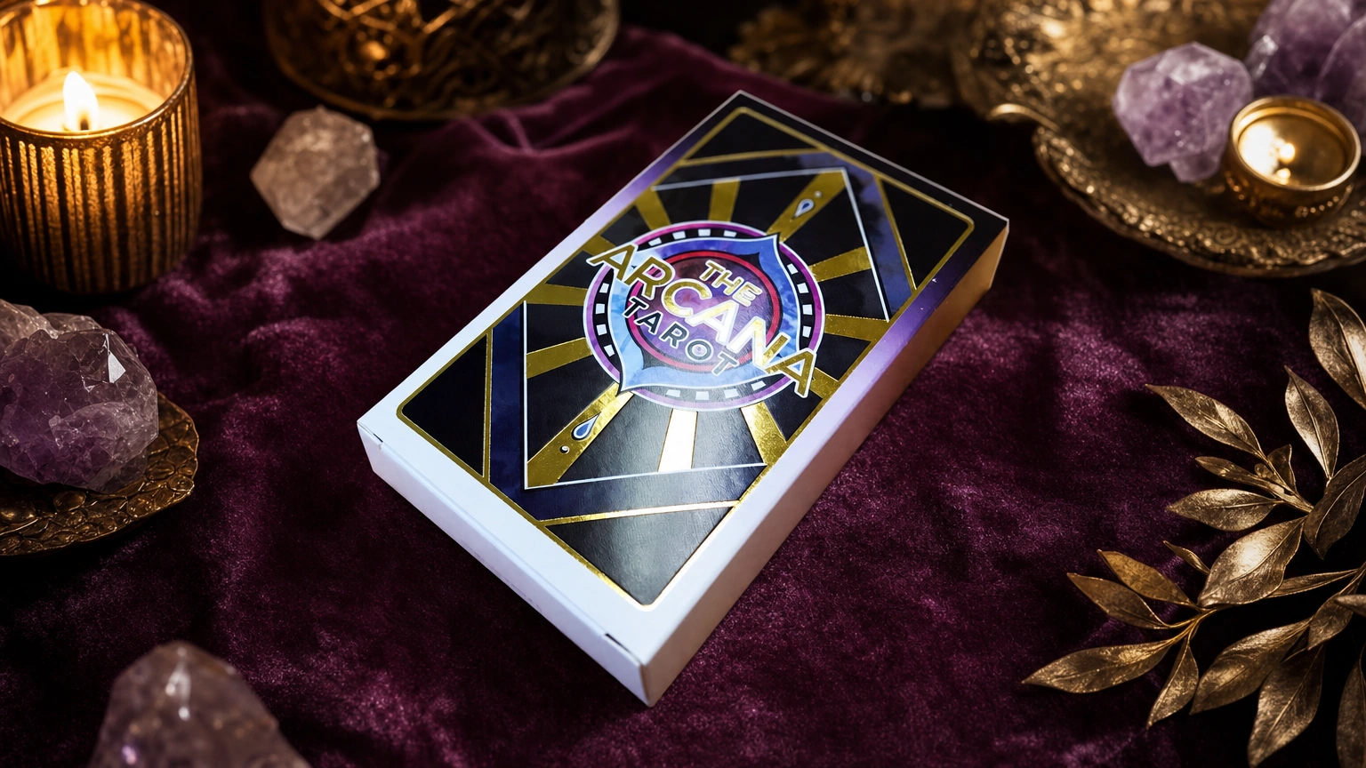 Asra Tarot Arcana product box lifestyle image Asra Tarot Arcana product box lifestyle image