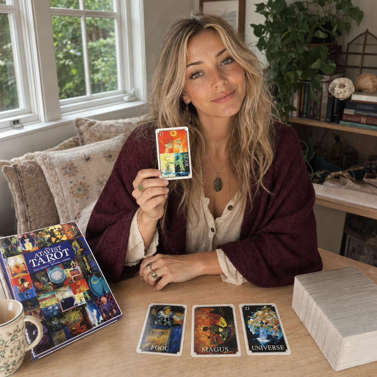 Aurica holding The Star beside the Atavist Tarot box, a three-card spread, and stacked deck