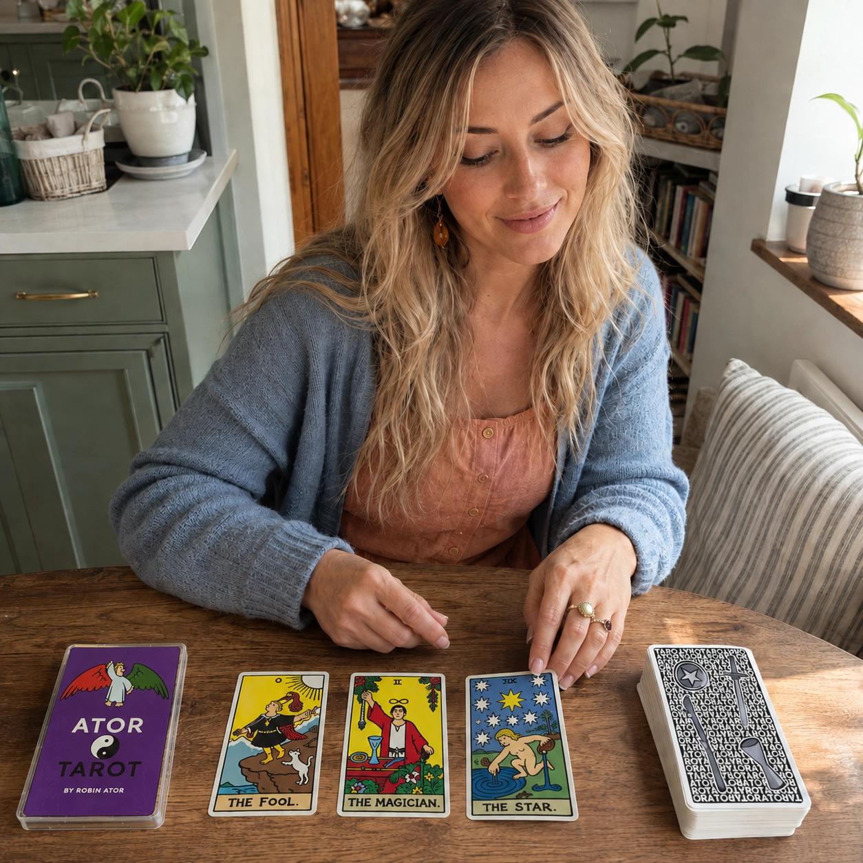 Aurica turning over The Star beside the Ator Tarot package, face-up spread, and stacked deck