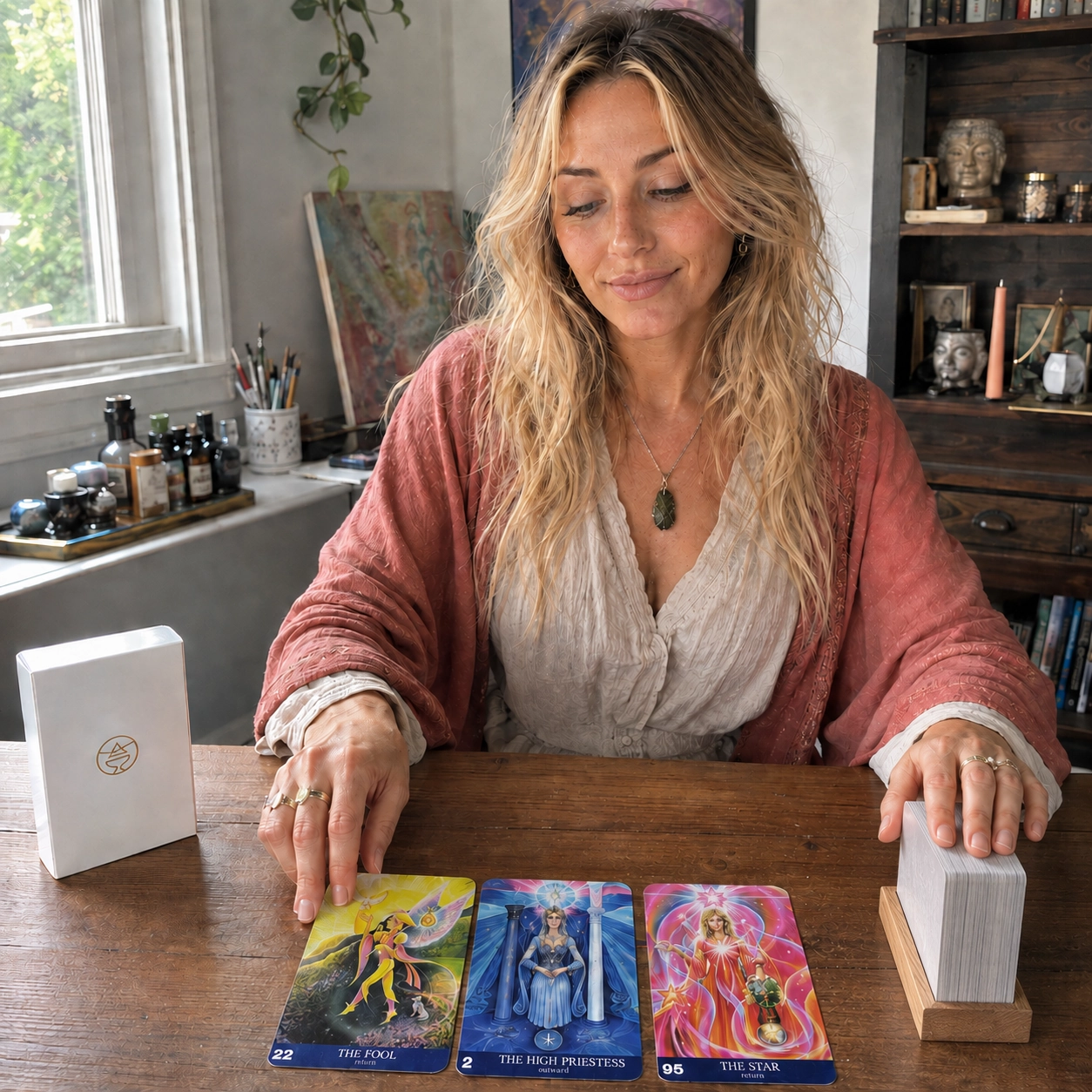Aurica arranging The Fool, The High Priestess and The Star from Aura Soma Tarot beside its white box and stacked deck