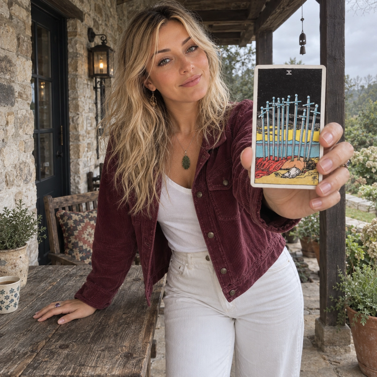 Aurica holding Ten of Swords Rider-Waite-Smith tarot card close to the camera