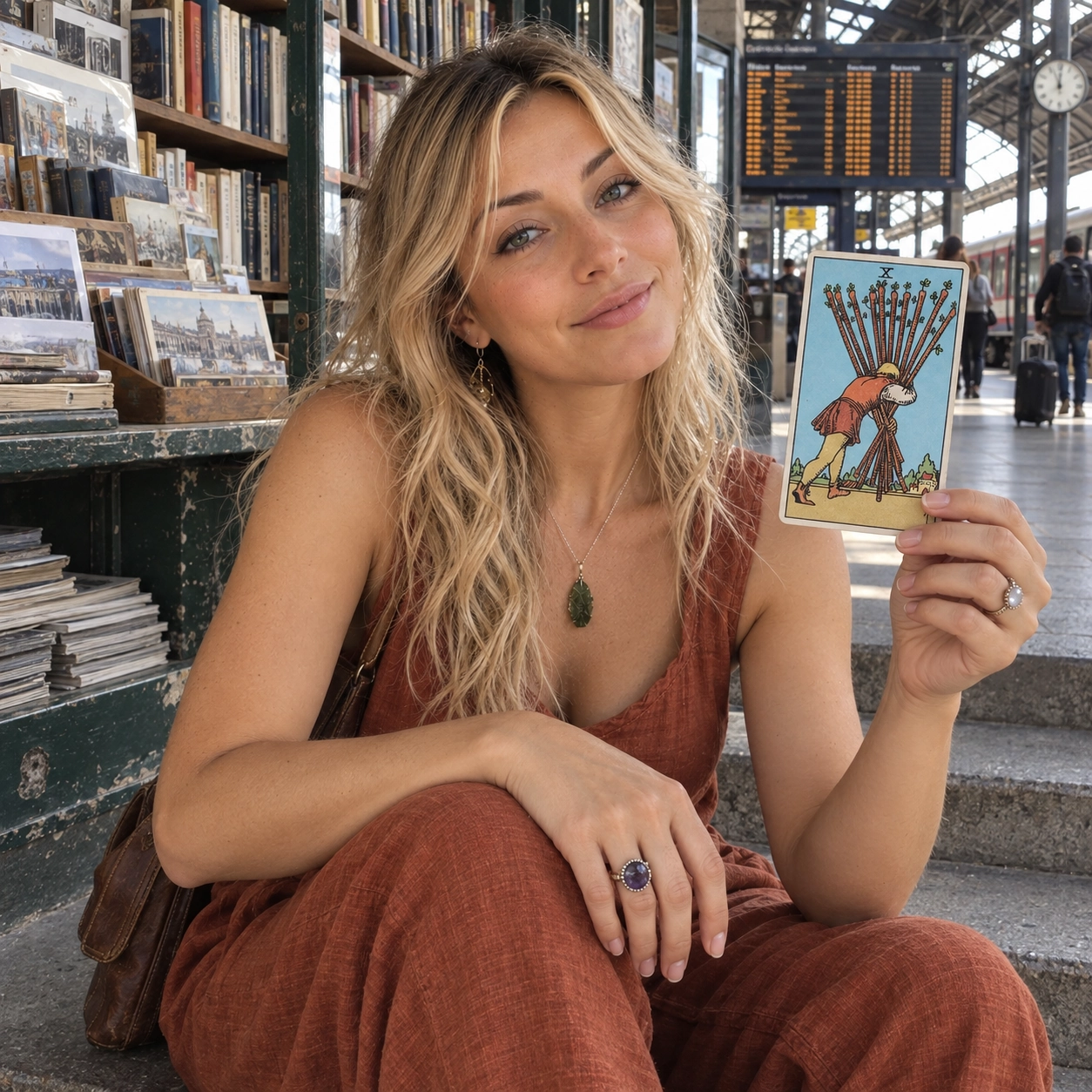 Aurica holding Ten of Wands Rider-Waite-Smith tarot card close to the camera