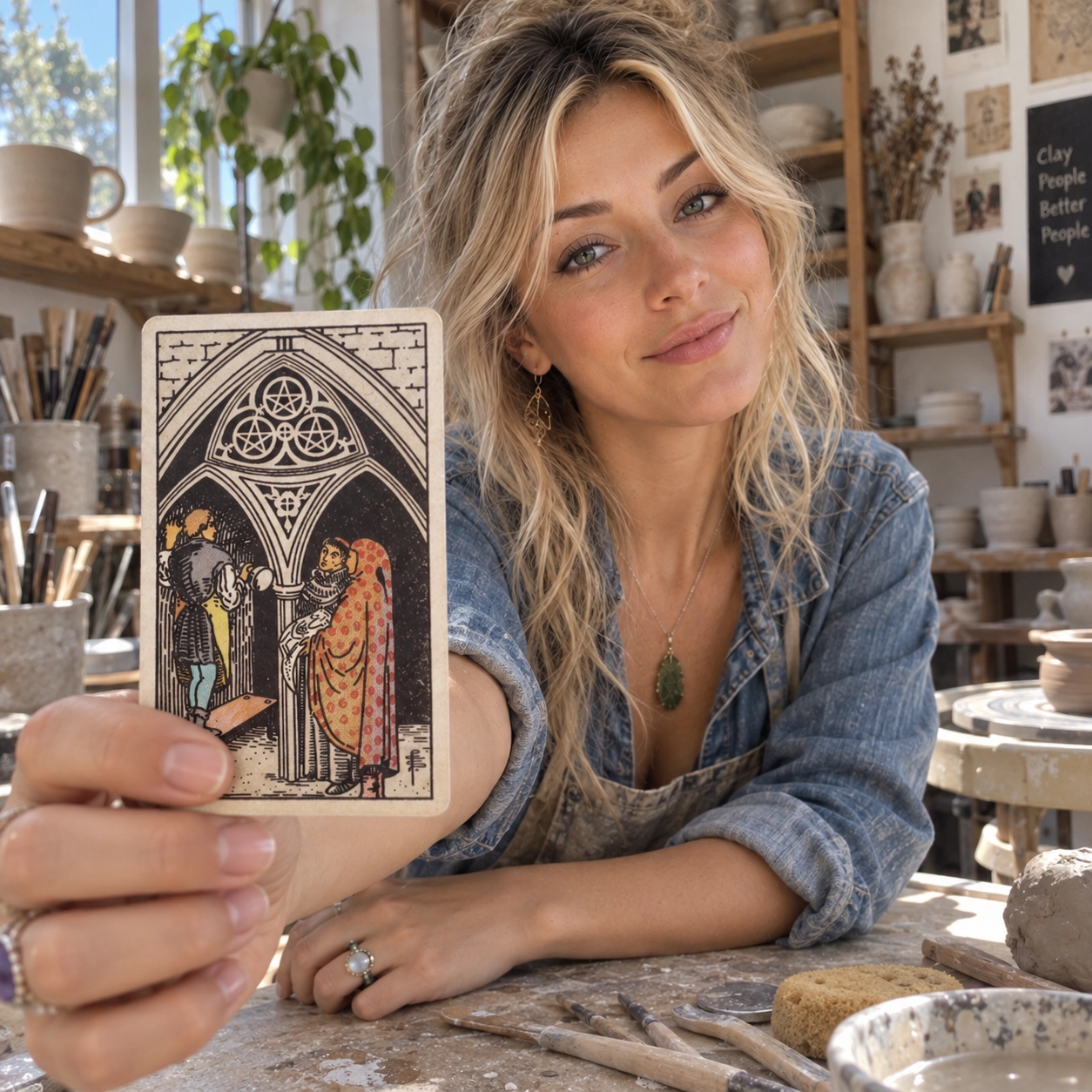 Aurica holding Three of Pentacles Rider-Waite-Smith tarot card close to the camera