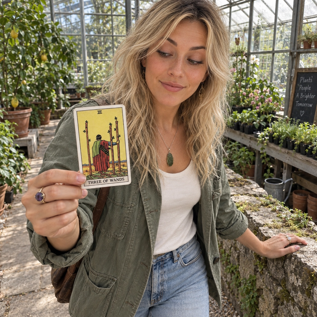 Aurica holding Three of Wands Rider-Waite-Smith tarot card close to the camera