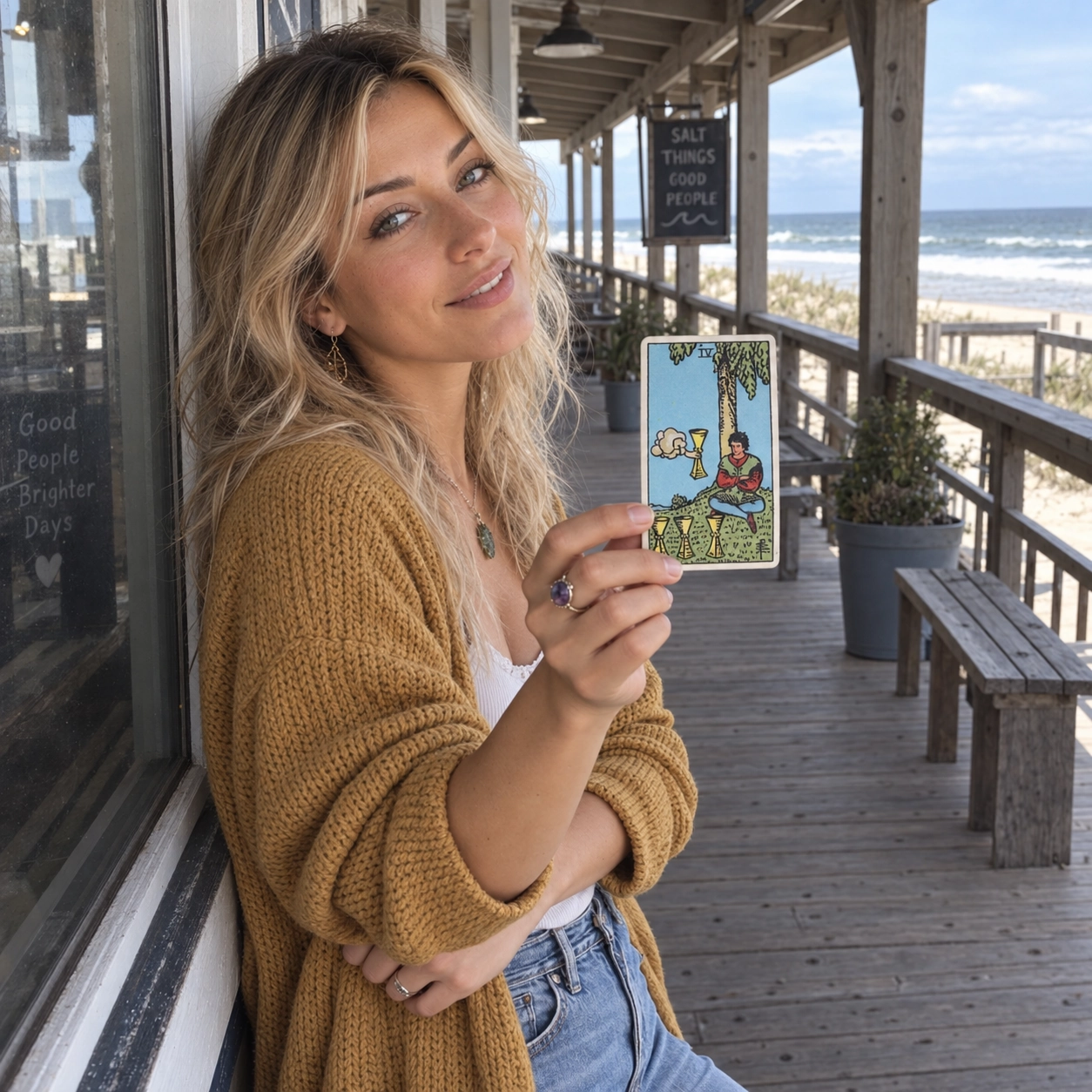 Aurica holding Four of Cups Rider-Waite-Smith tarot card close to the camera