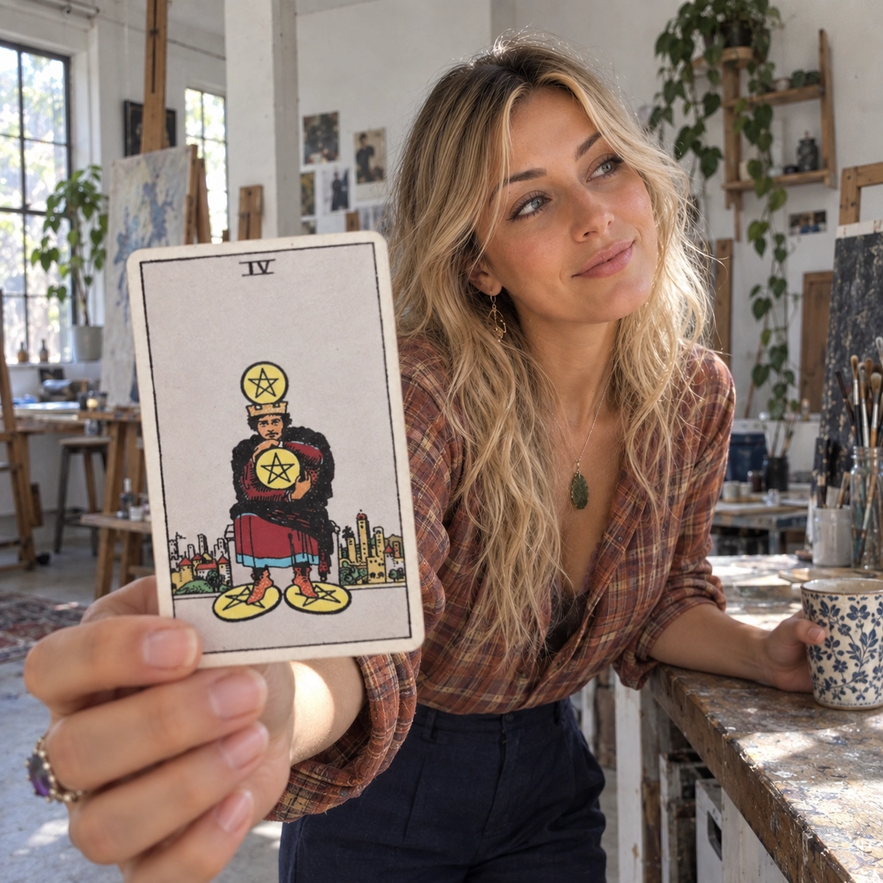 Aurica holding Four of Pentacles Rider-Waite-Smith tarot card close to the camera