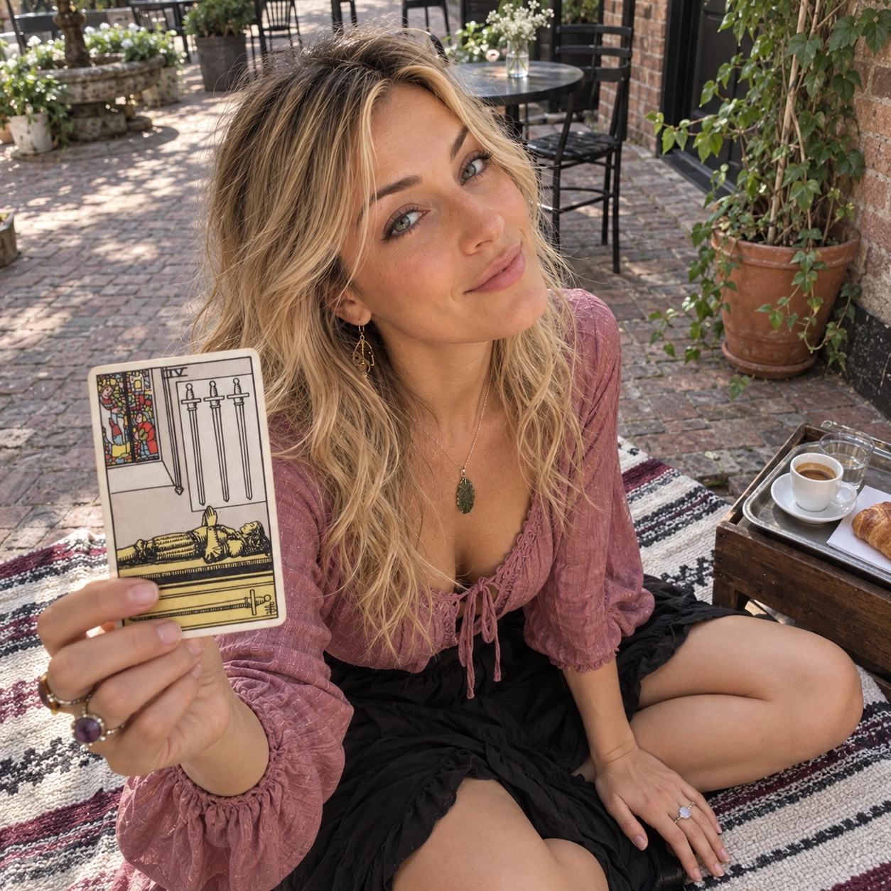 Aurica holding Four of Swords Rider-Waite-Smith tarot card close to the camera
