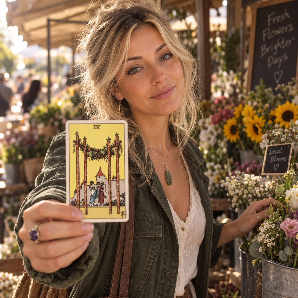 Aurica holding Four of Wands Rider-Waite-Smith tarot card close to the camera