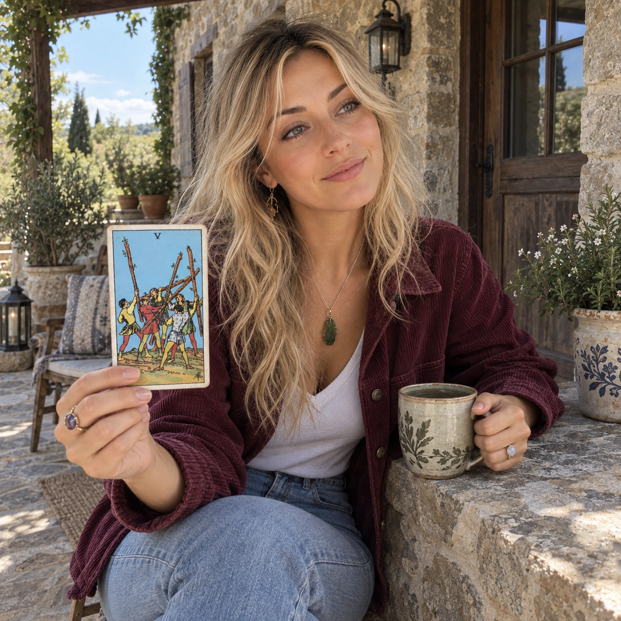 Aurica holding Five of Wands Rider-Waite-Smith tarot card close to the camera