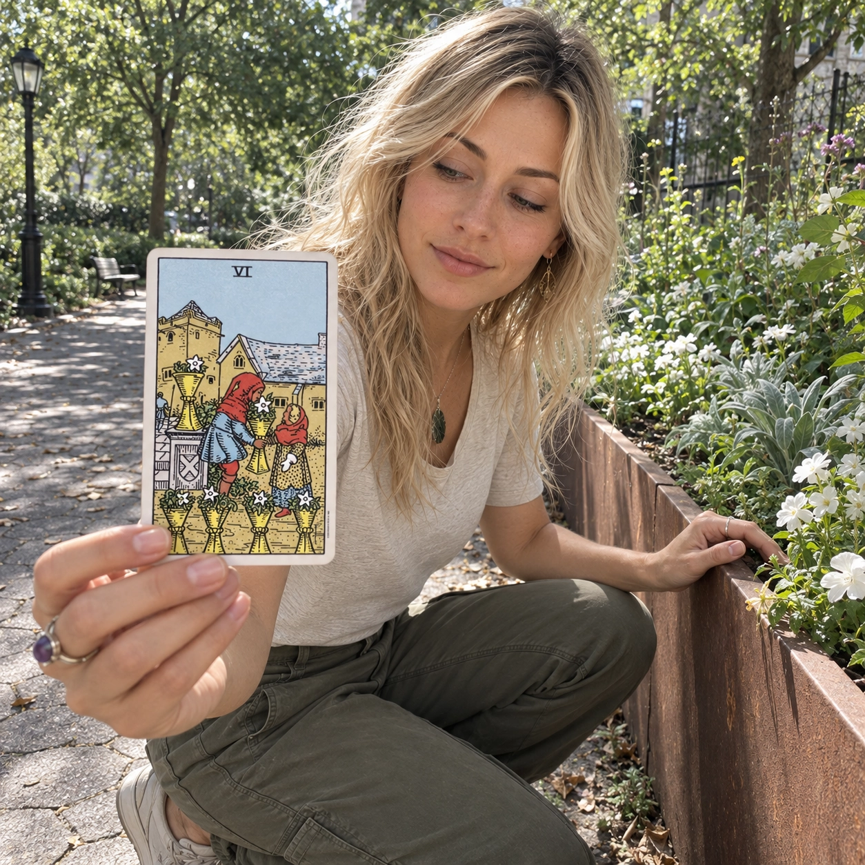Aurica holding Six of Cups Rider-Waite-Smith tarot card close to the camera