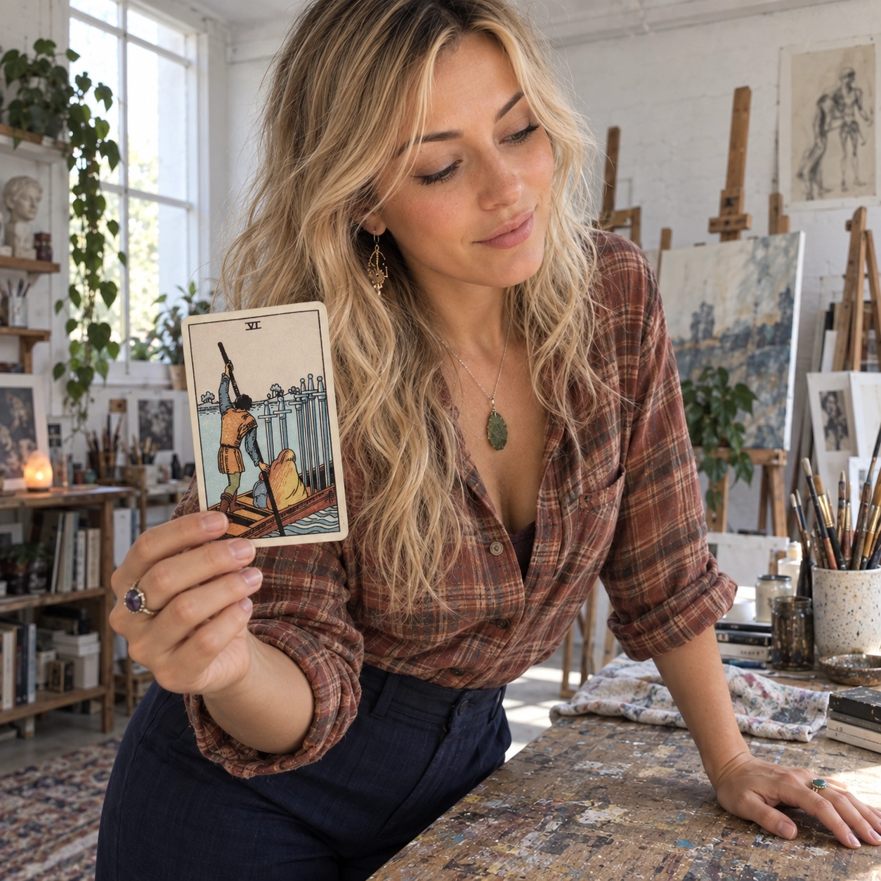 Aurica holding Six of Swords Rider-Waite-Smith tarot card close to the camera