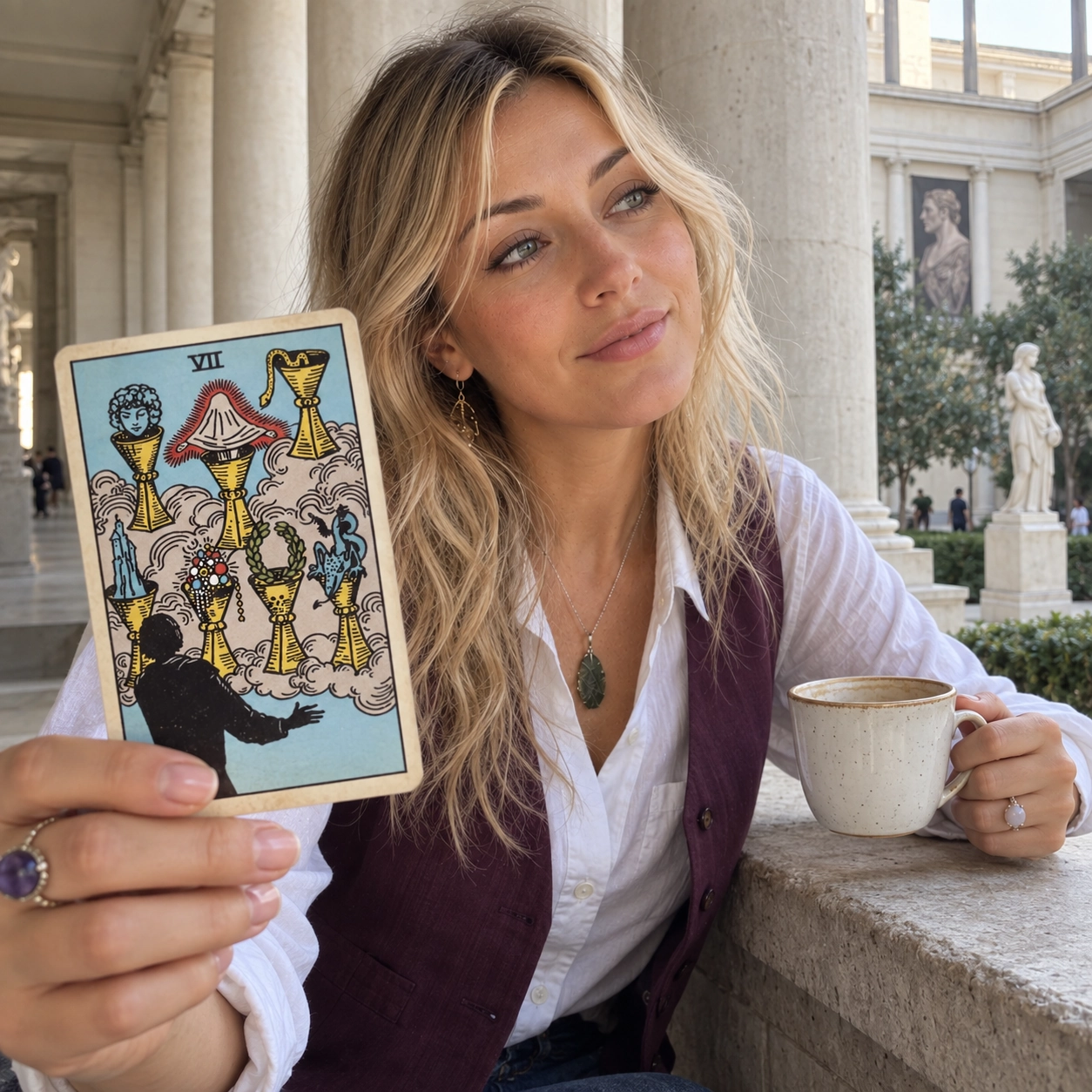 Aurica holding Seven of Cups Rider-Waite-Smith tarot card close to the camera