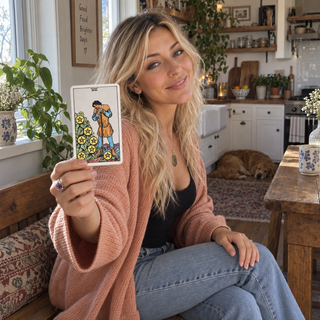 Aurica holding Seven of Pentacles Rider-Waite-Smith tarot card close to the camera
