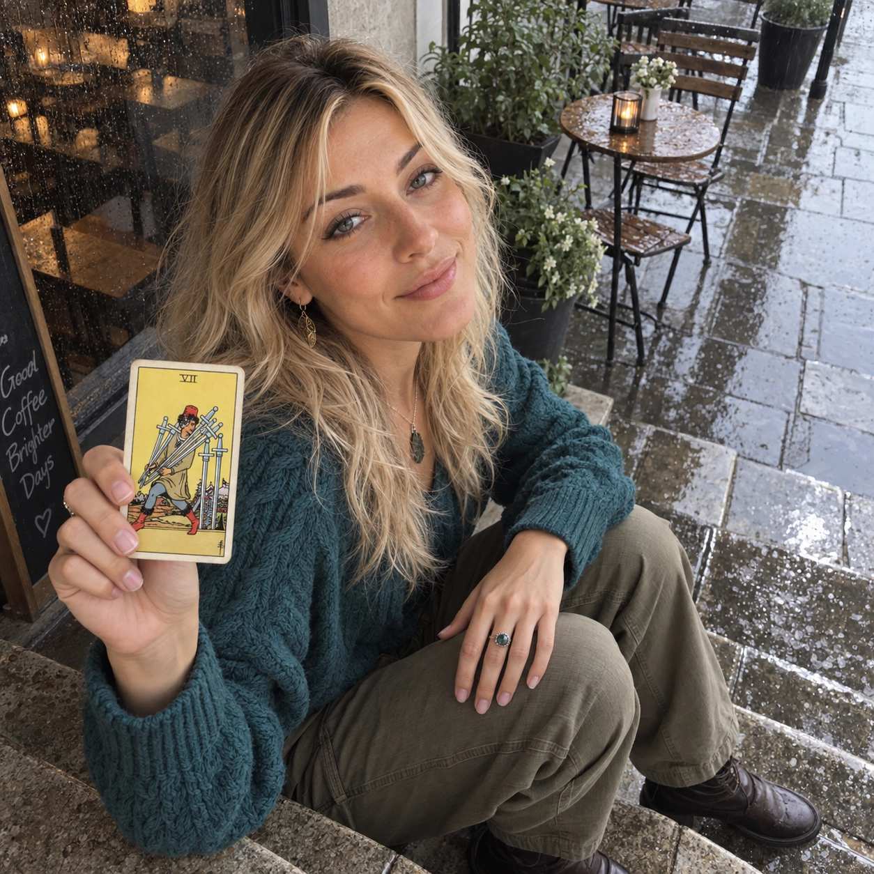 Aurica holding Seven of Swords Rider-Waite-Smith tarot card close to the camera