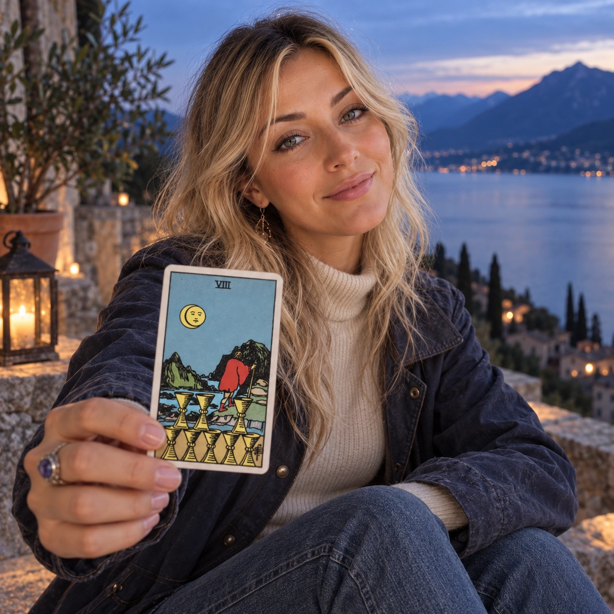 Aurica holding Eight of Cups Rider-Waite-Smith tarot card close to the camera