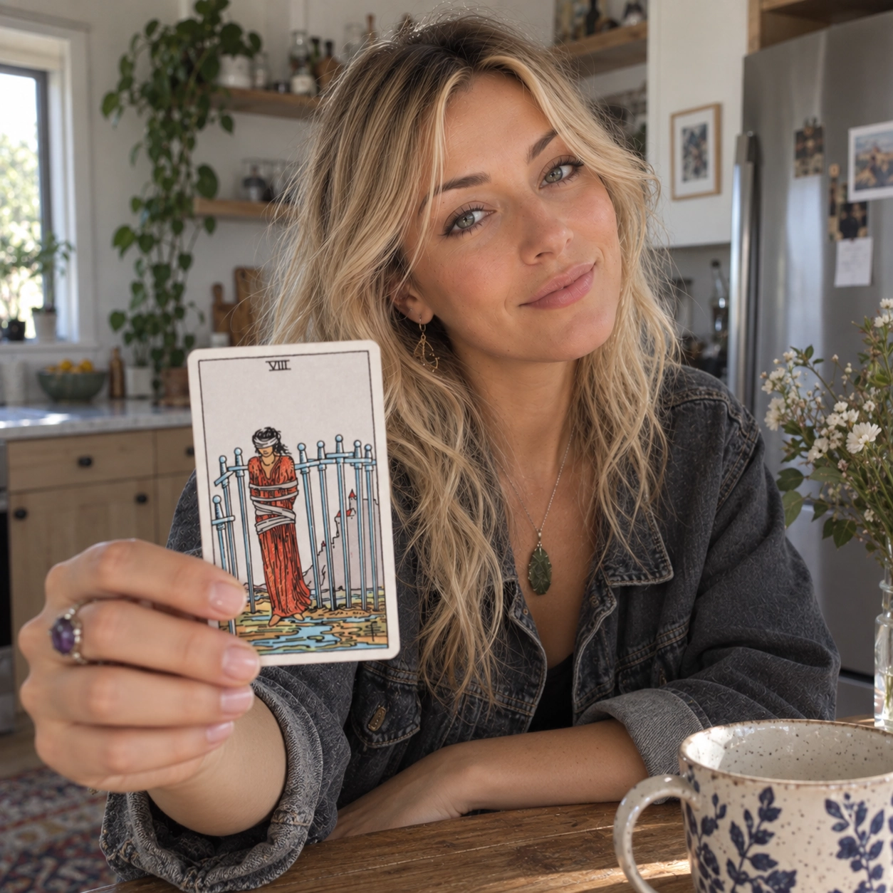 Aurica holding Eight of Swords Rider-Waite-Smith tarot card close to the camera