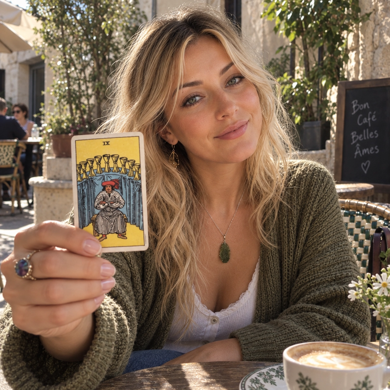 Aurica holding Nine of Cups Rider-Waite-Smith tarot card close to the camera