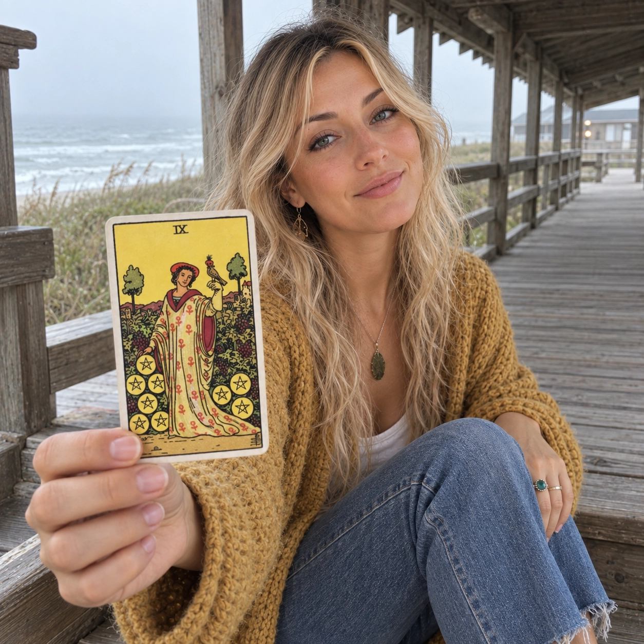 Aurica holding Nine of Pentacles Rider-Waite-Smith tarot card close to the camera