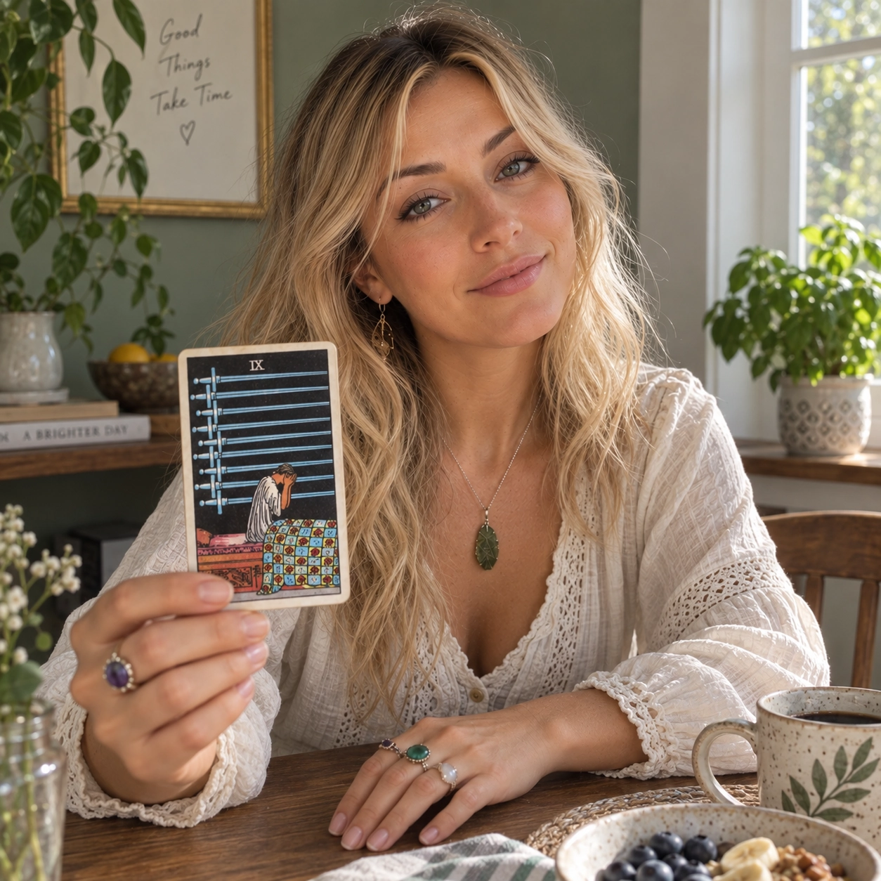 Aurica holding Nine of Swords Rider-Waite-Smith tarot card close to the camera