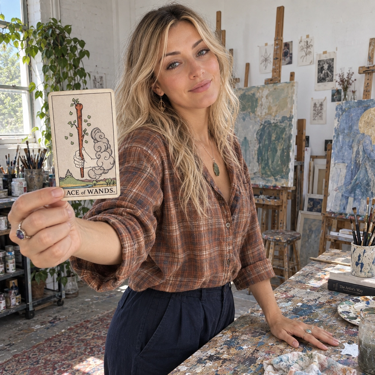 Aurica holding Ace of Wands Rider-Waite-Smith tarot card close to the camera