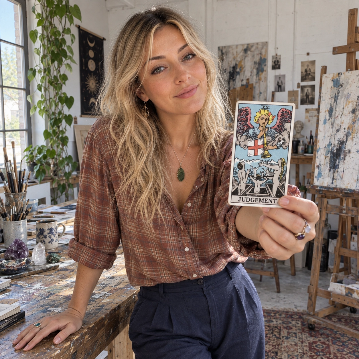 Aurica holding Judgement Rider-Waite-Smith tarot card close to the camera