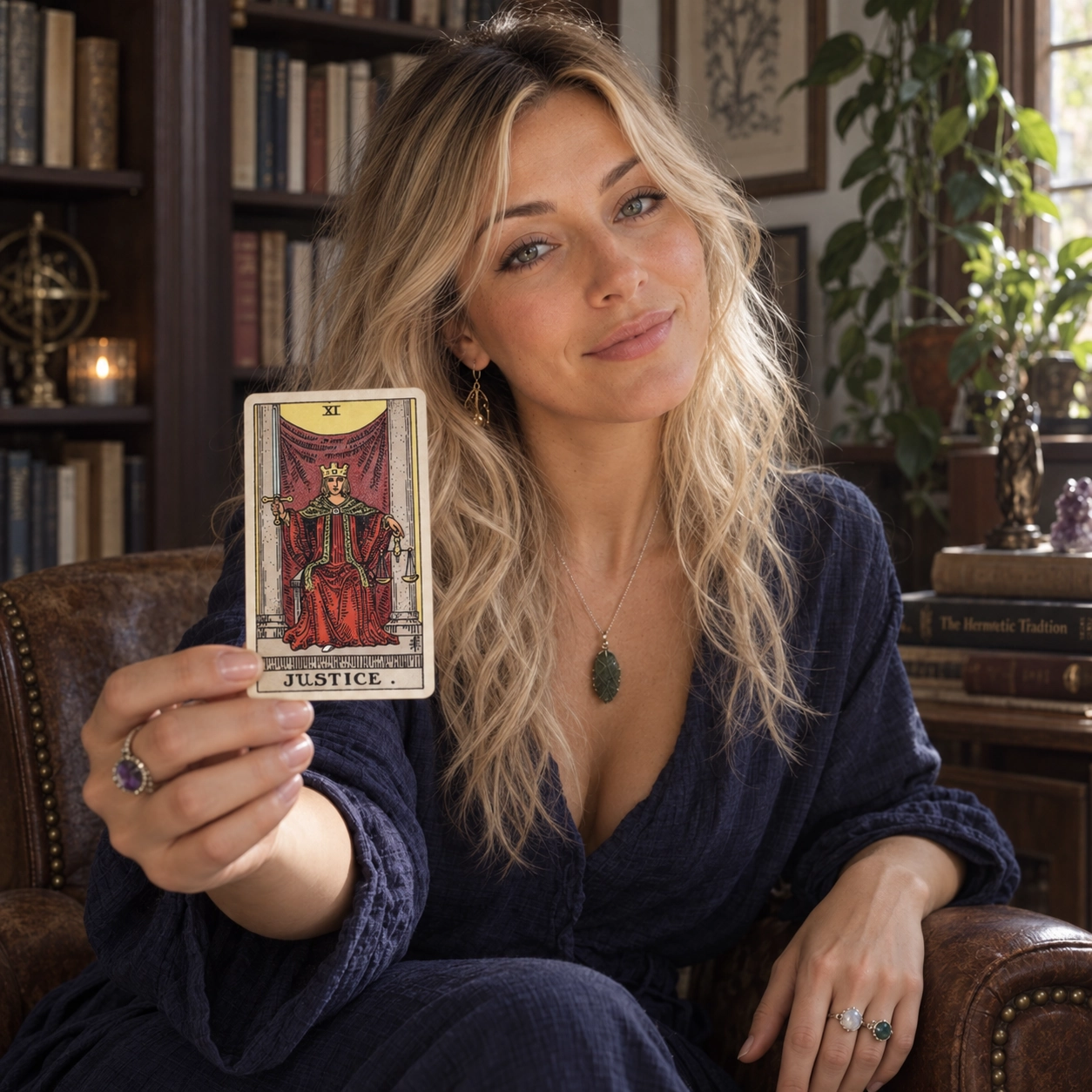 Aurica holding Justice Rider-Waite-Smith tarot card close to the camera