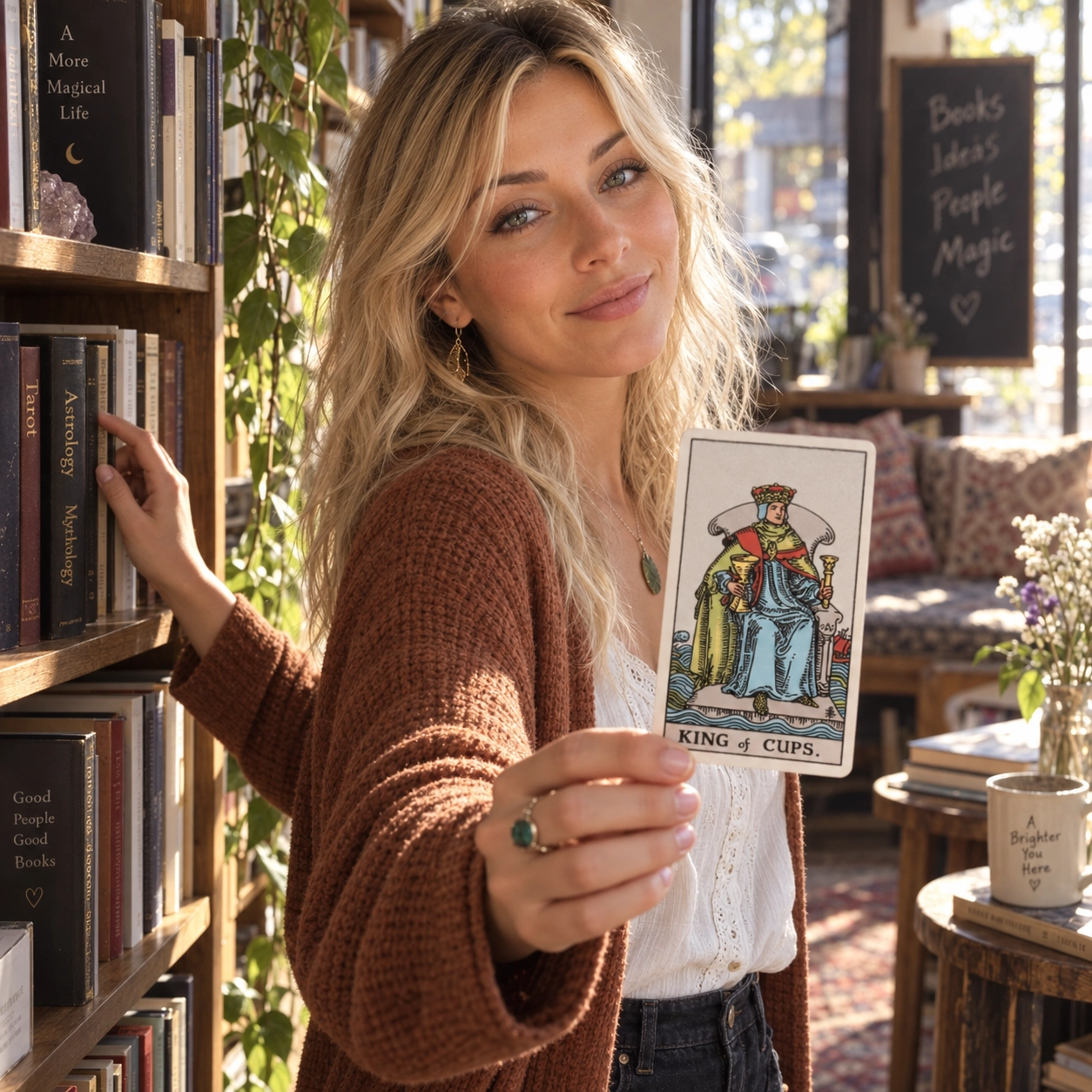 Aurica holding King of Cups Rider-Waite-Smith tarot card close to the camera
