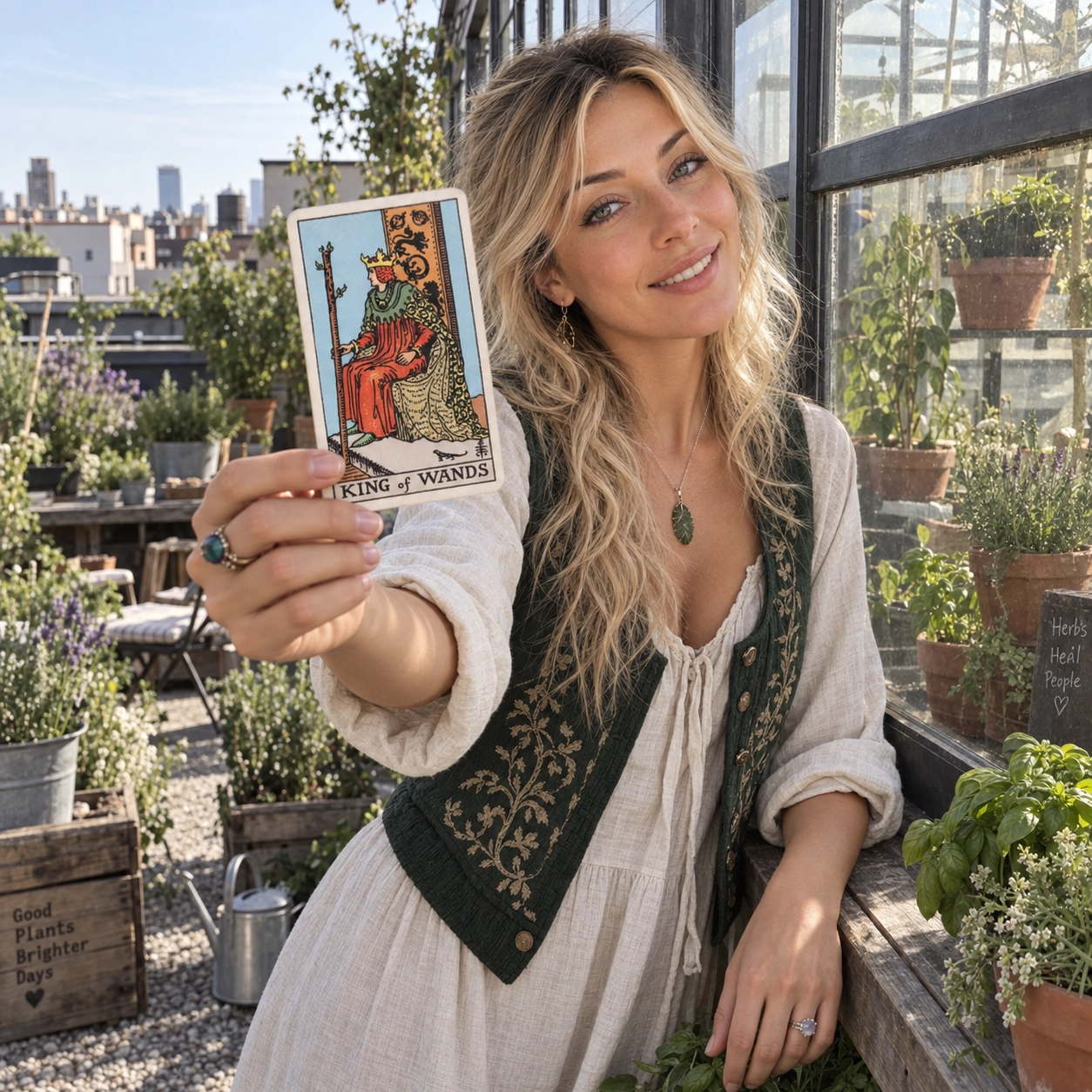 Aurica holding King of Wands Rider-Waite-Smith tarot card close to the camera