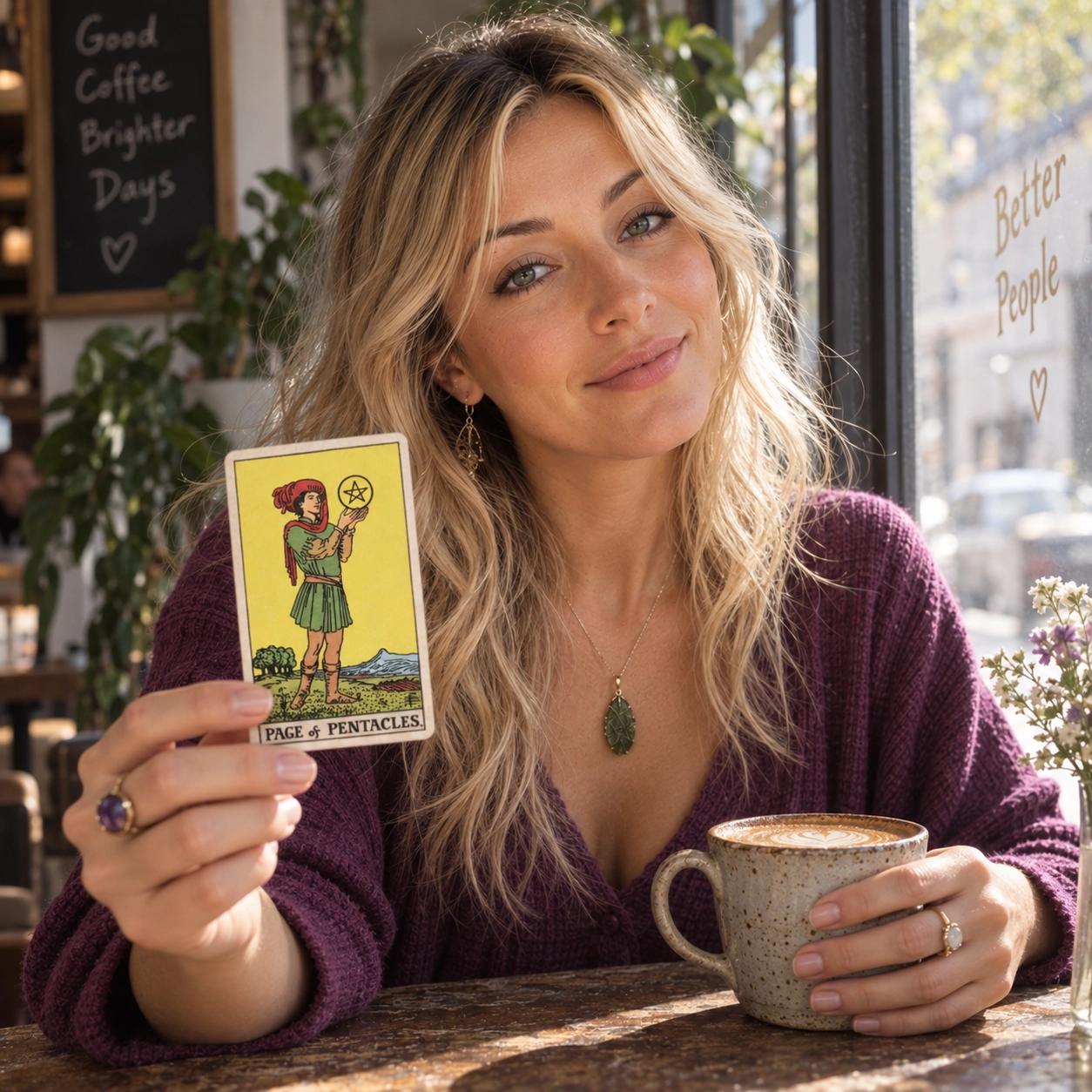 Aurica holding Page of Pentacles Rider-Waite-Smith tarot card close to the camera