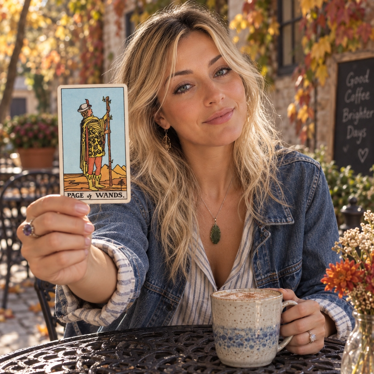 Aurica holding Page of Wands Rider-Waite-Smith tarot card close to the camera
