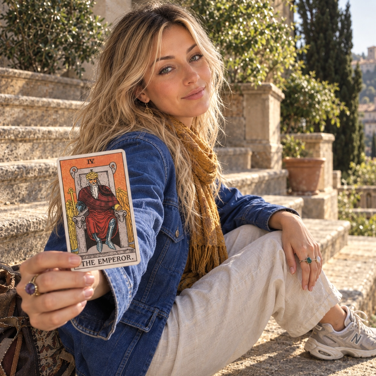 Aurica holding The Emperor Rider-Waite-Smith tarot card close to the camera