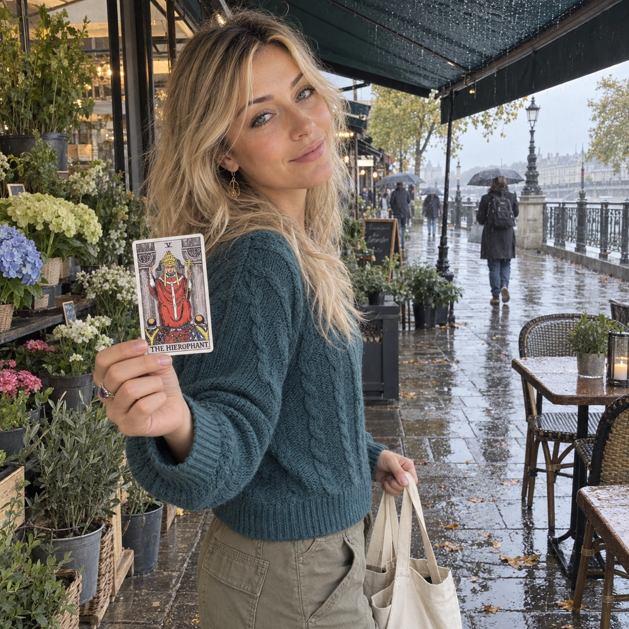 Aurica holding The Hierophant Rider-Waite-Smith tarot card close to the camera