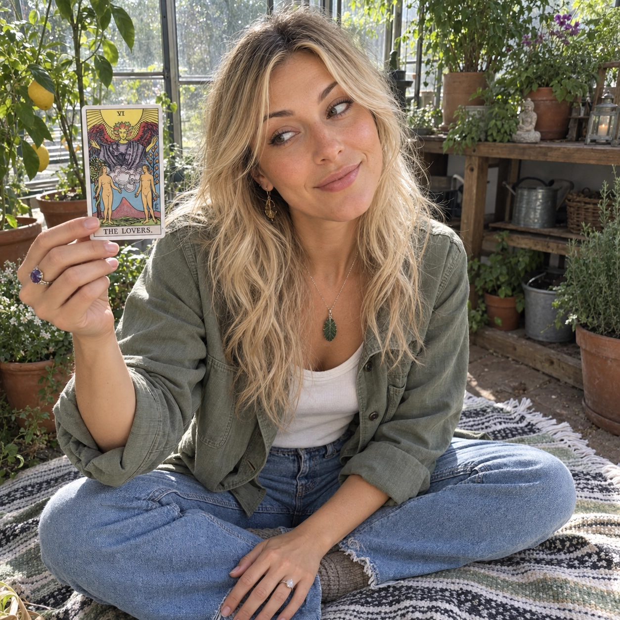 Aurica holding The Lovers Rider-Waite-Smith tarot card close to the camera