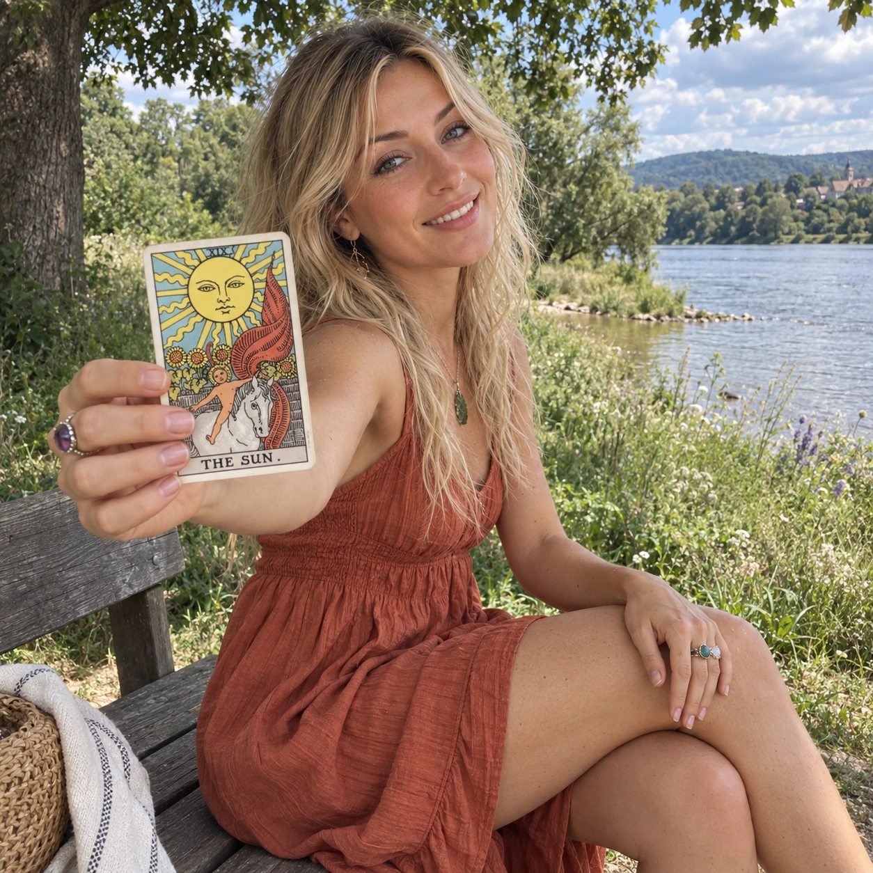 Aurica holding The Sun Rider-Waite-Smith tarot card close to the camera